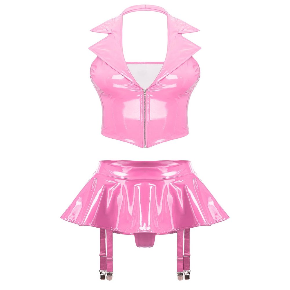 TiaoBug Women's Wet-Look Crop Top and Patent-Leather Mini Skirt Set, Pink, XXL