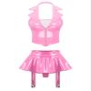 TiaoBug Women's Wet-Look Crop Top and Patent-Leather Mini Skirt Set, Pink, XXL view 1