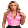 TiaoBug Women's Wet-Look Crop Top and Patent-Leather Mini Skirt Set, Pink, XXL view 2