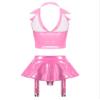 TiaoBug Women's Wet-Look Crop Top and Patent-Leather Mini Skirt Set, Pink, XXL view 3