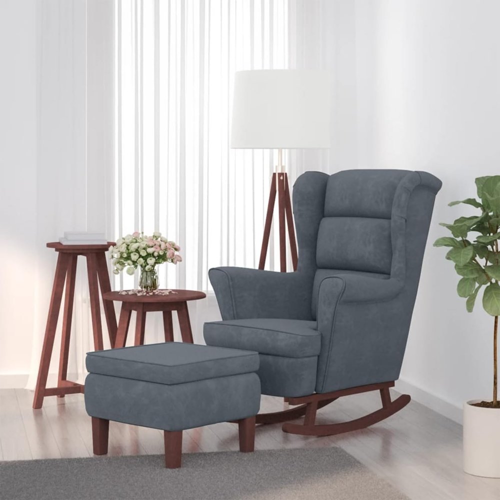 Camerina Rocking Chair and Ottoman with Wooden Legs, Dark Gray Velvet