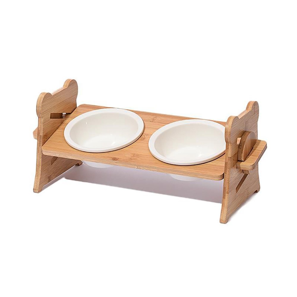 Height-Adjustable Elevated Cat Bowls, 15° Angled, with Natural Bamboo Stand and Quality Ceramic Bowls for Cats or Puppies (2 Bowls)