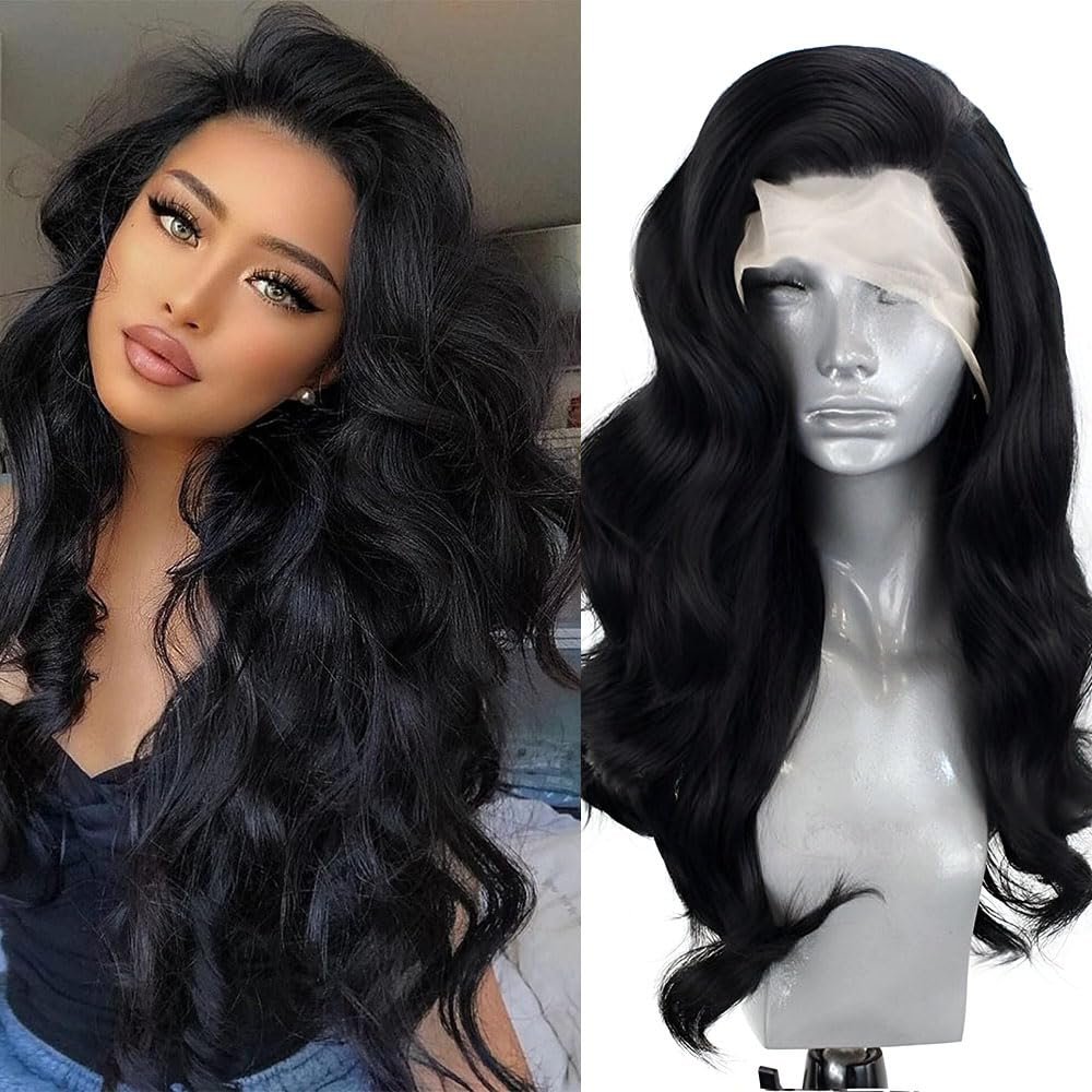 KAMIMASU 24-Inch #1B Natural Black Body Wave Lace Front Wig