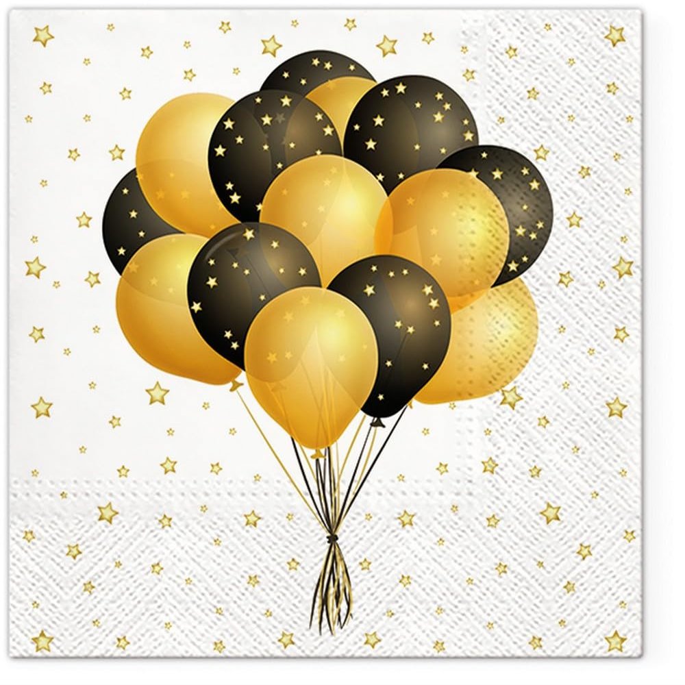 20 Black and Gold Balloon Birthday Napkins, 33 x 33 cm