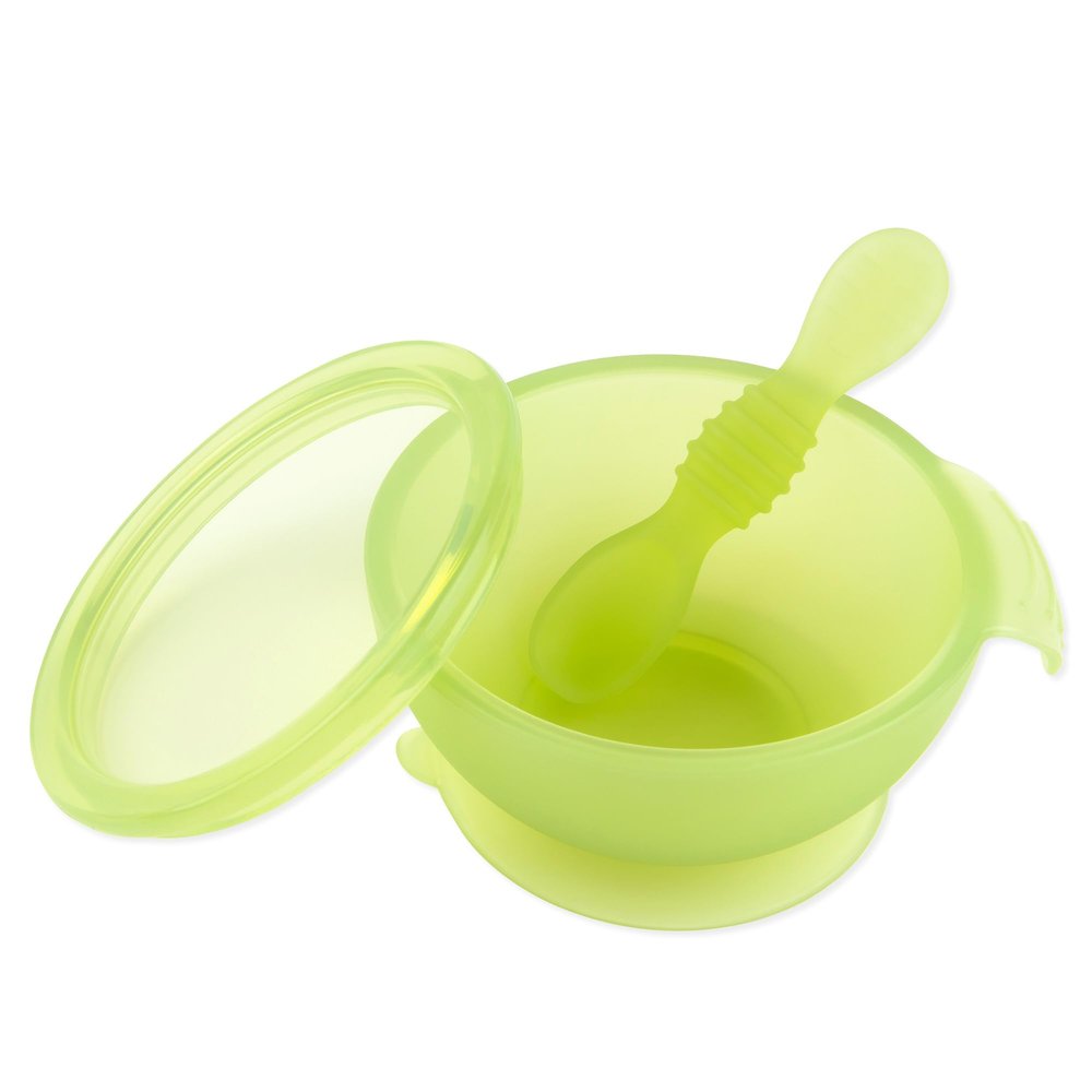 Bumkins Silicone First Feeding Set with Suction Base, Lid & Spoon, Jelly Green