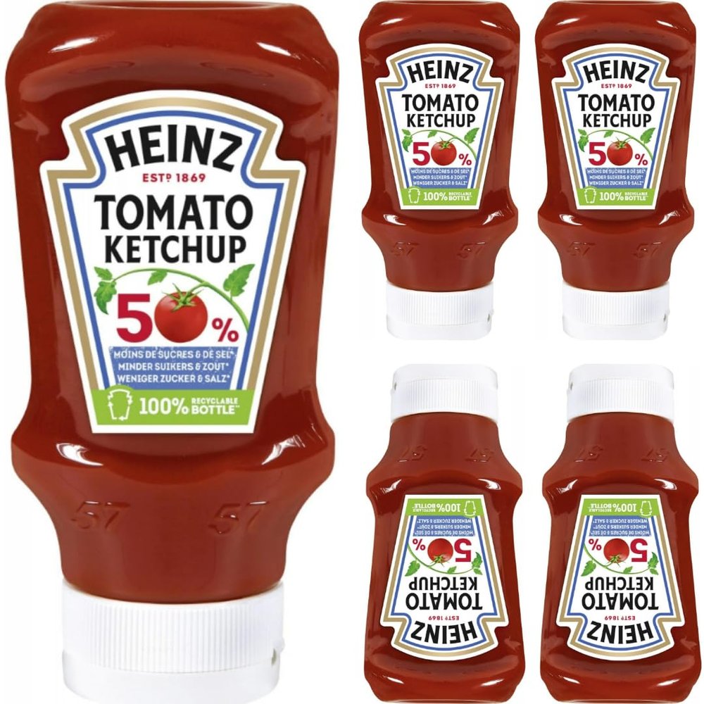 Heinz Tomato Ketchup, 50% Less Sugar, 500 Milliliters, 5-Pack
