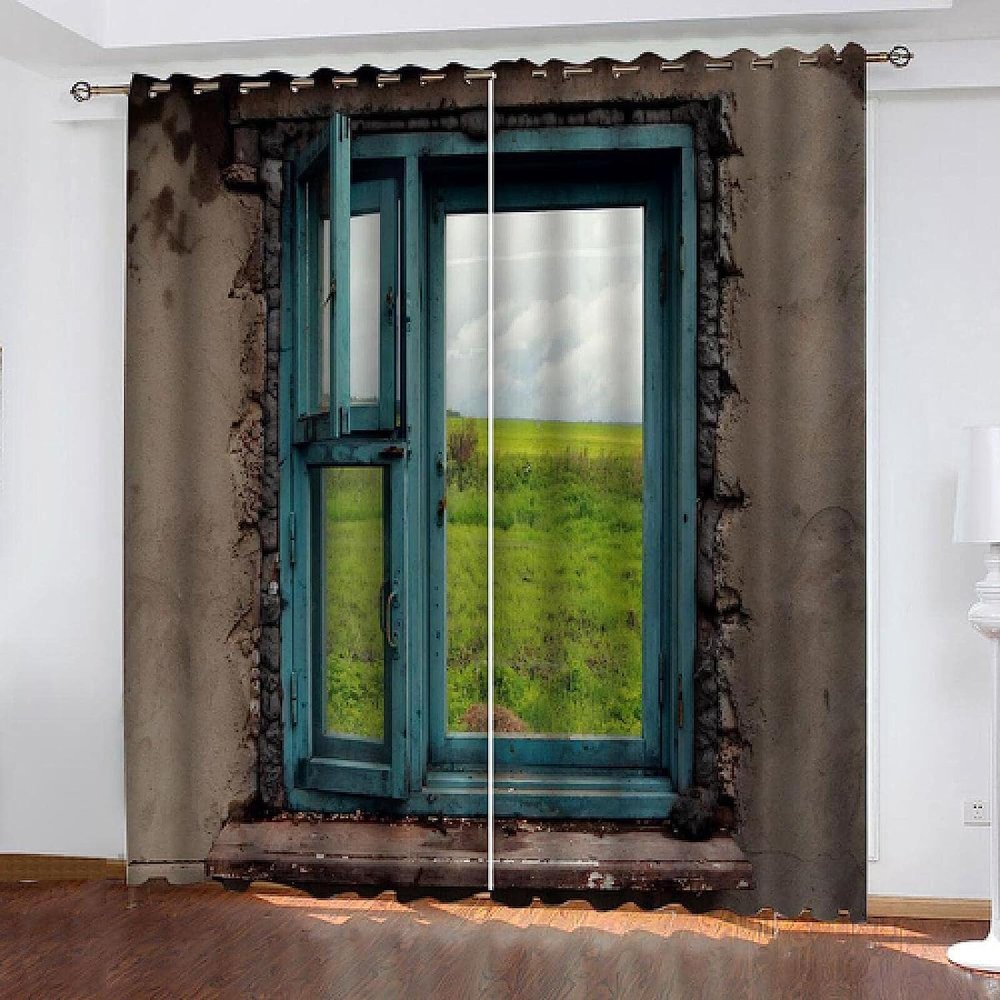 3D Retro Window Grass Blackout Curtains, 150 x 166 cm