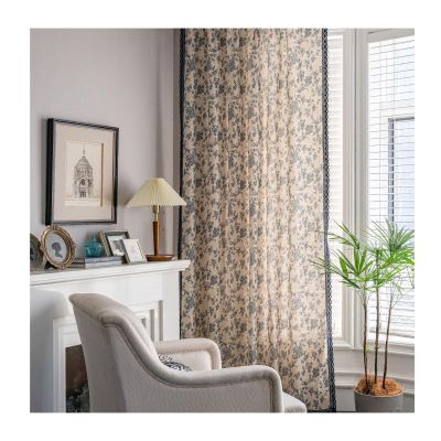 AMDXD Beige and Blue Blackout Curtains for Kids’ Room, Blue Rose Floral Pattern, Cotton Linen, 150 x 200 cm (W x H)