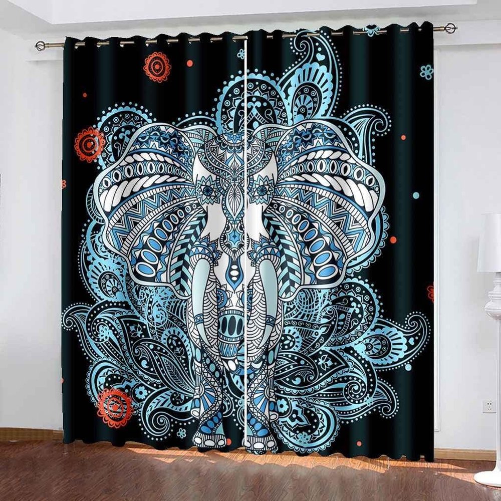 3D Children's Room Blackout Curtains, 150 x 166 cm, Abstract Elephant Design, Polyester, Grommet Top, Set of 2