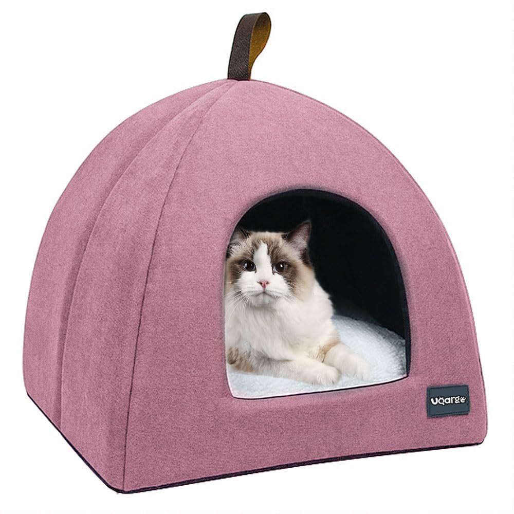 Voarge Cat Cave Bed, Soft Warm Plush Cat Nest with Removable Inner Cushion, Pink L