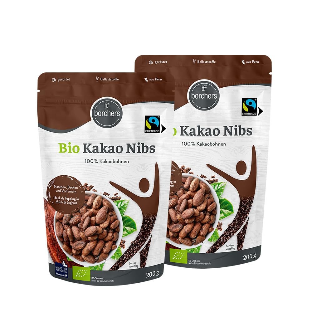 borchers Organic Cacao Nibs | 2 x 200 g Bags | Peruvian Raw Cacao | Topping for Muesli & Yogurt | Organic | Fairtrade