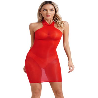 Freebily Women's Sexy Shiny Sheer Bodystocking Dress, Red, One Size