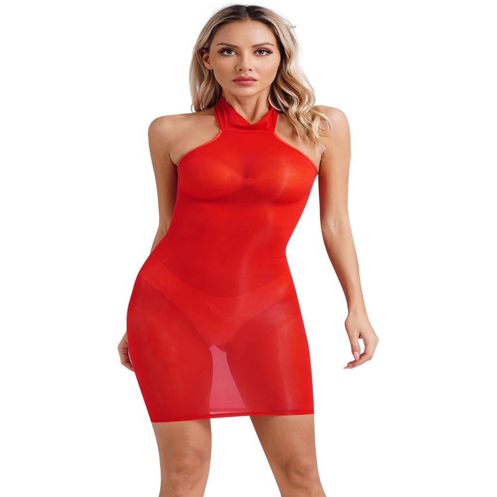 Freebily Women's Sexy Shiny Sheer Bodystocking Dress, Red, One Size