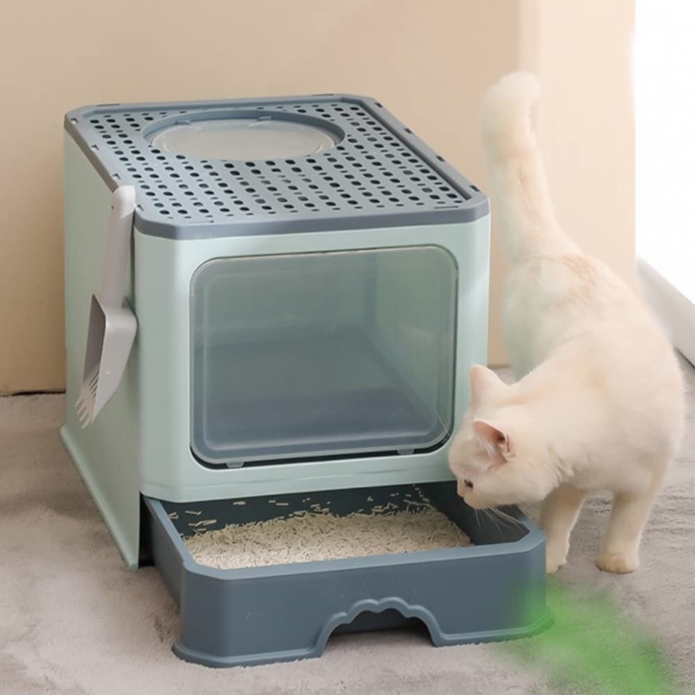 OHMG Cat Litter Box with Lid, Scoop, Pull-Out Tray, 2 Openings, Leak-Resistant Base