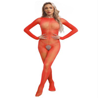 GRRKDFQ Women's Sexy Long-Sleeve Sheer Mesh Lingerie, Red, Open-Crotch, One Size