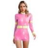 GRRKDFQ Sexy Lingerie Cosplay Costume, Long-Sleeve Bodysuit with Front Zipper, Pink, L view 1
