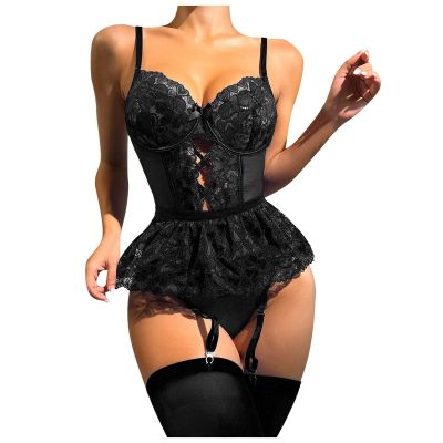 WILLBEST Women's Sexy Floral Babydoll Lingerie Set with Bustier and Garters
