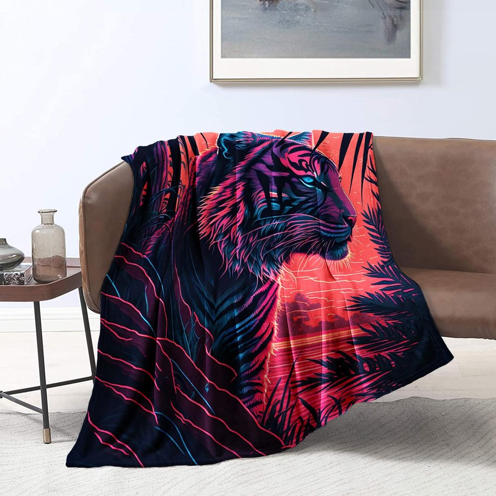 Tiger and Nature Retrowave 3D Thick Warm Flannel Fleece Blanket, 59 x 78.7 in (150 x 200 cm)
