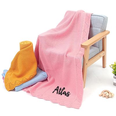 REEG Personalized Knitted Baby Blanket, Embroidered Baby Shower Gift, Stroller Blanket, Soft Cotton, Dark Pink, No Name