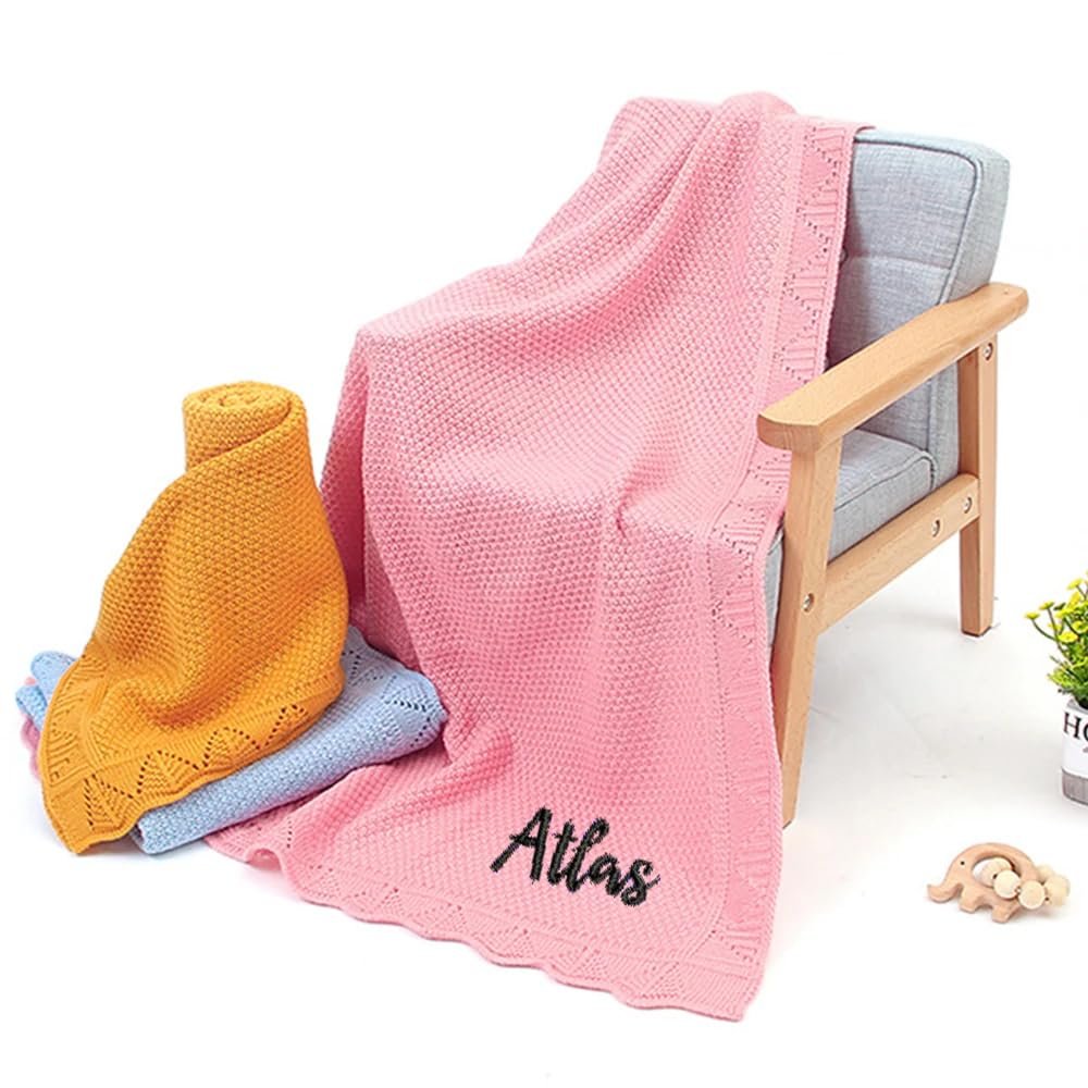 REEG Personalized Knitted Baby Blanket, Embroidered Baby Shower Gift, Stroller Blanket, Soft Cotton, Dark Pink, No Name