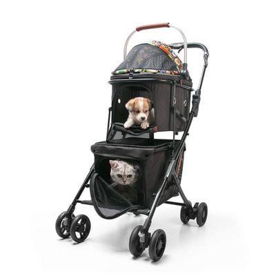 2-in-1 Double-Layer Pet Stroller, Black, Supports up to 16 kg