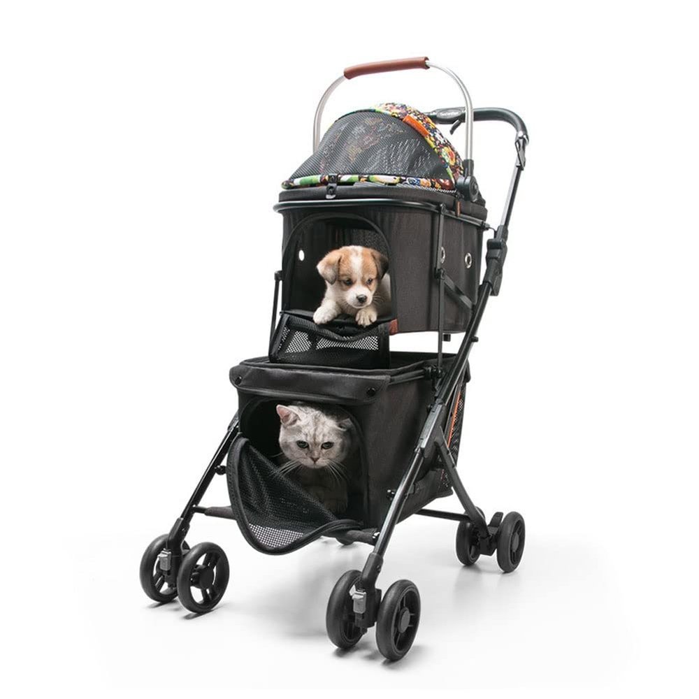 2-in-1 Double-Layer Pet Stroller, Black, Supports up to 16 kg