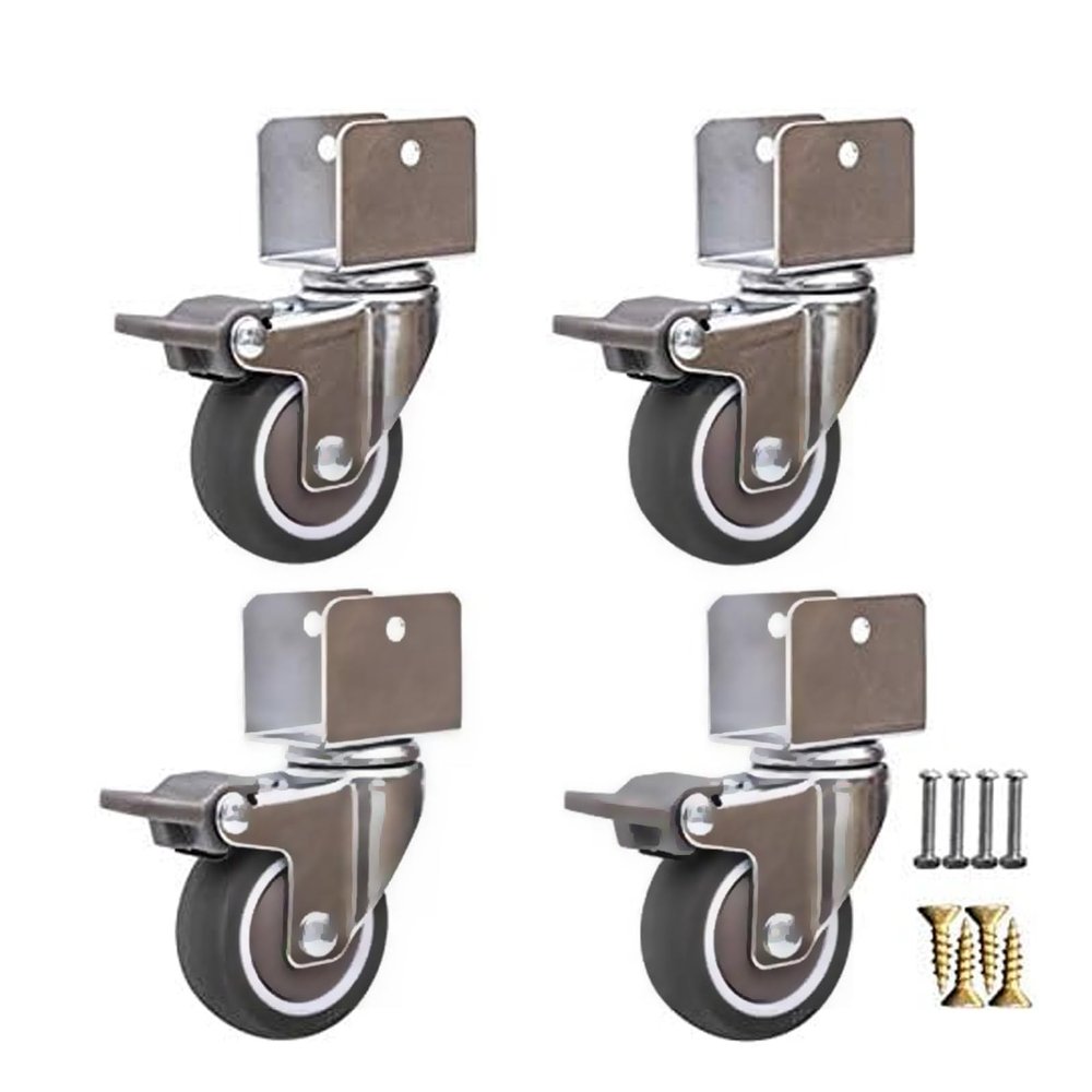 Quiet Casters with U-Shaped Brackets, 2-Inch Swivel Rubber Casters with Brakes, 75 kg Capacity, 4-Pack