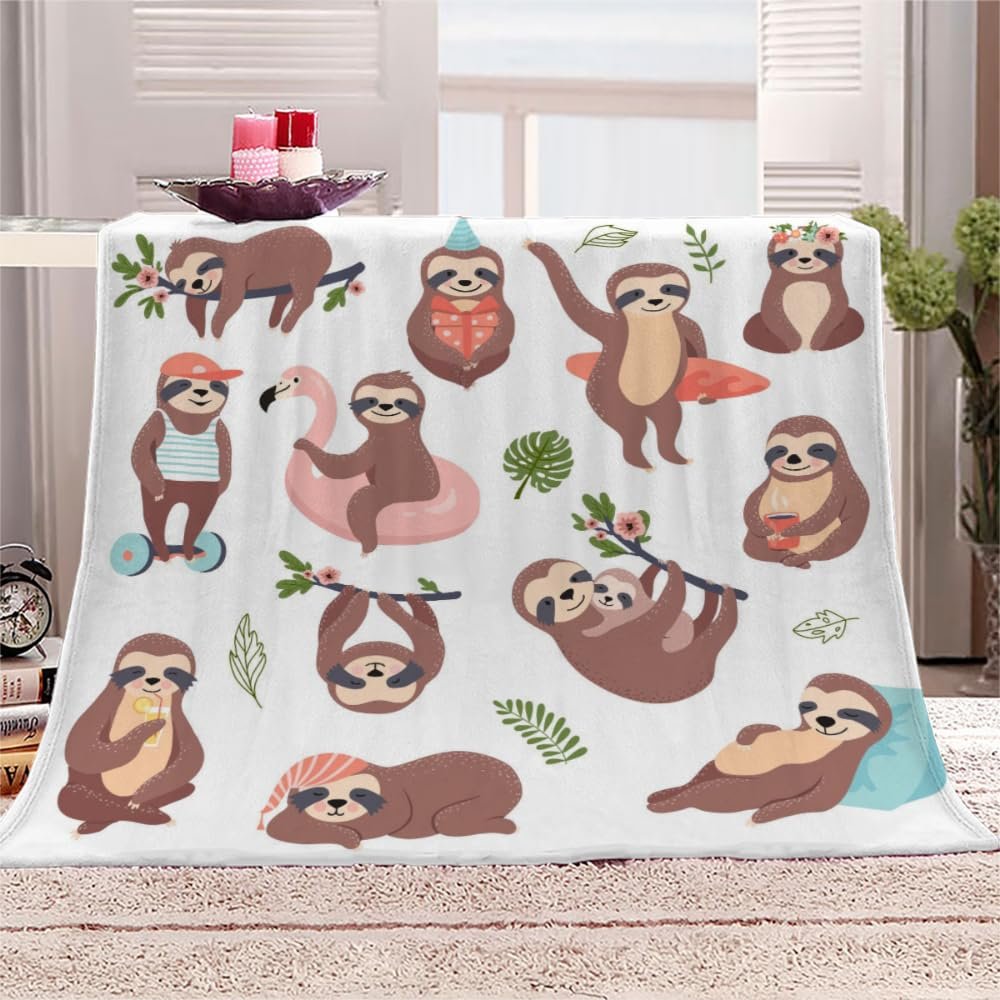 AKATIE Cartoon Sloth 3D-Printed Flannel Throw Blanket, Jungle Animals, 130 x 150 cm