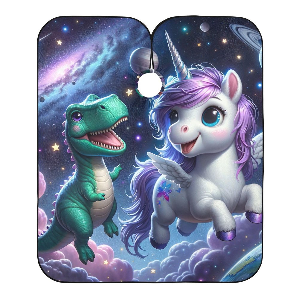 Cute Unicorn and Dinosaur in Space Barber Cape, Professional Haircut Cape, 164.8 x 140 cm