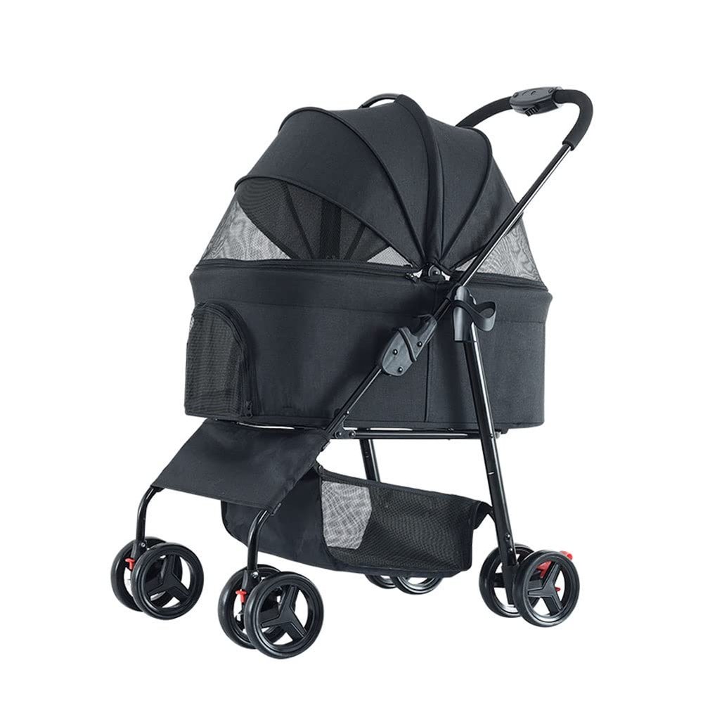 hxoity 4-Wheel Folding Pet Stroller with Storage Basket, Removable Carrier, Black, 10 kg Capacity