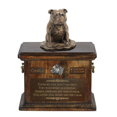 Art-Dog Custom Dog Sitting Statue Memorial Urn – Handcrafted Cold-Cast Bronze on Birch Base – Dog Ashes Urn – 8.3 x 11.4 x 8.7 in, 5 L – Staffordshire Bull Terrier I