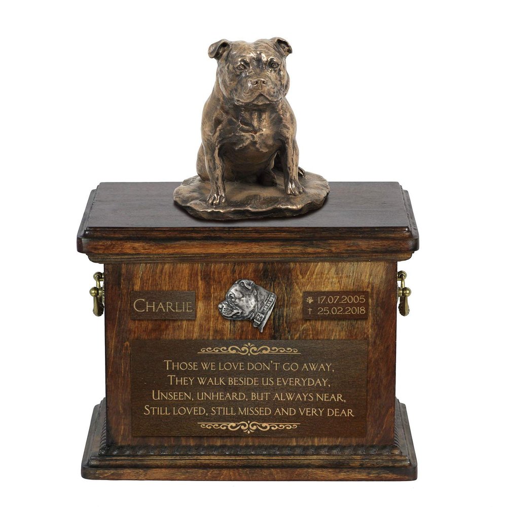 Art-Dog Custom Dog Sitting Statue Memorial Urn – Handcrafted Cold-Cast Bronze on Birch Base – Dog Ashes Urn – 8.3 x 11.4 x 8.7 in, 5 L – Staffordshire Bull Terrier I