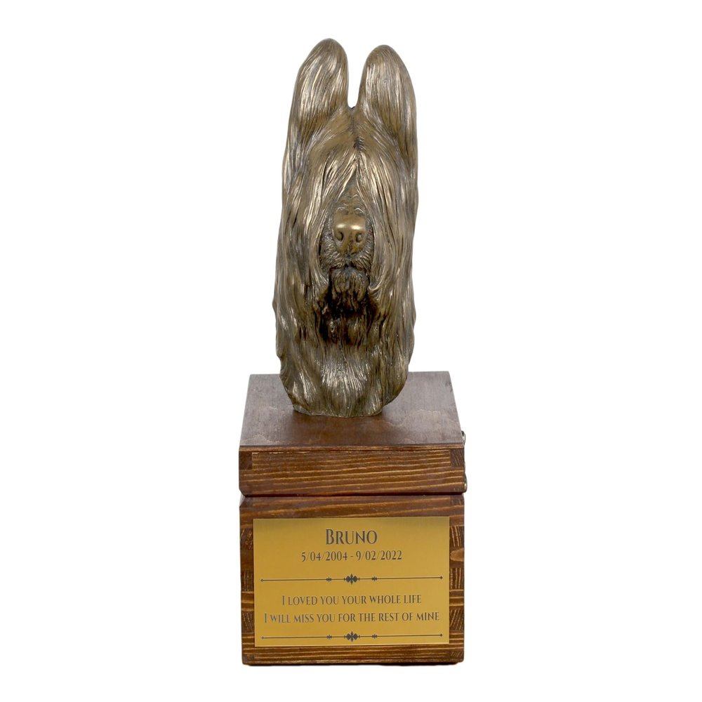 Art-Dog Custom Dog Memorial Urn – Cold-Cast Bronze Briard Head on Birch Base – 16 × 28 × 16 cm
