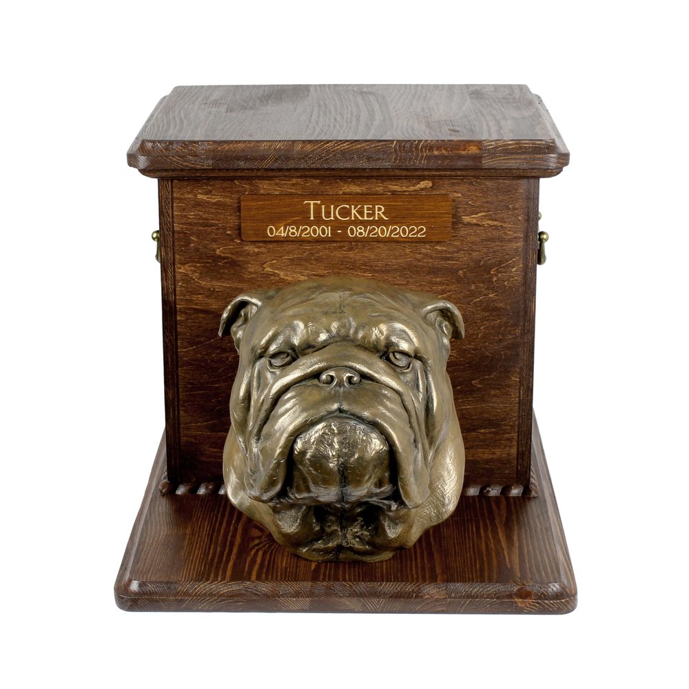 Art-Dog Big Urn for Horse Ashes – Handmade Wooden Memorial with Cold-Cast Bronze Statue – Horse Memorial Urn with Sculpture – 9.4 x 7.3 x 8.9 – English Bulldog