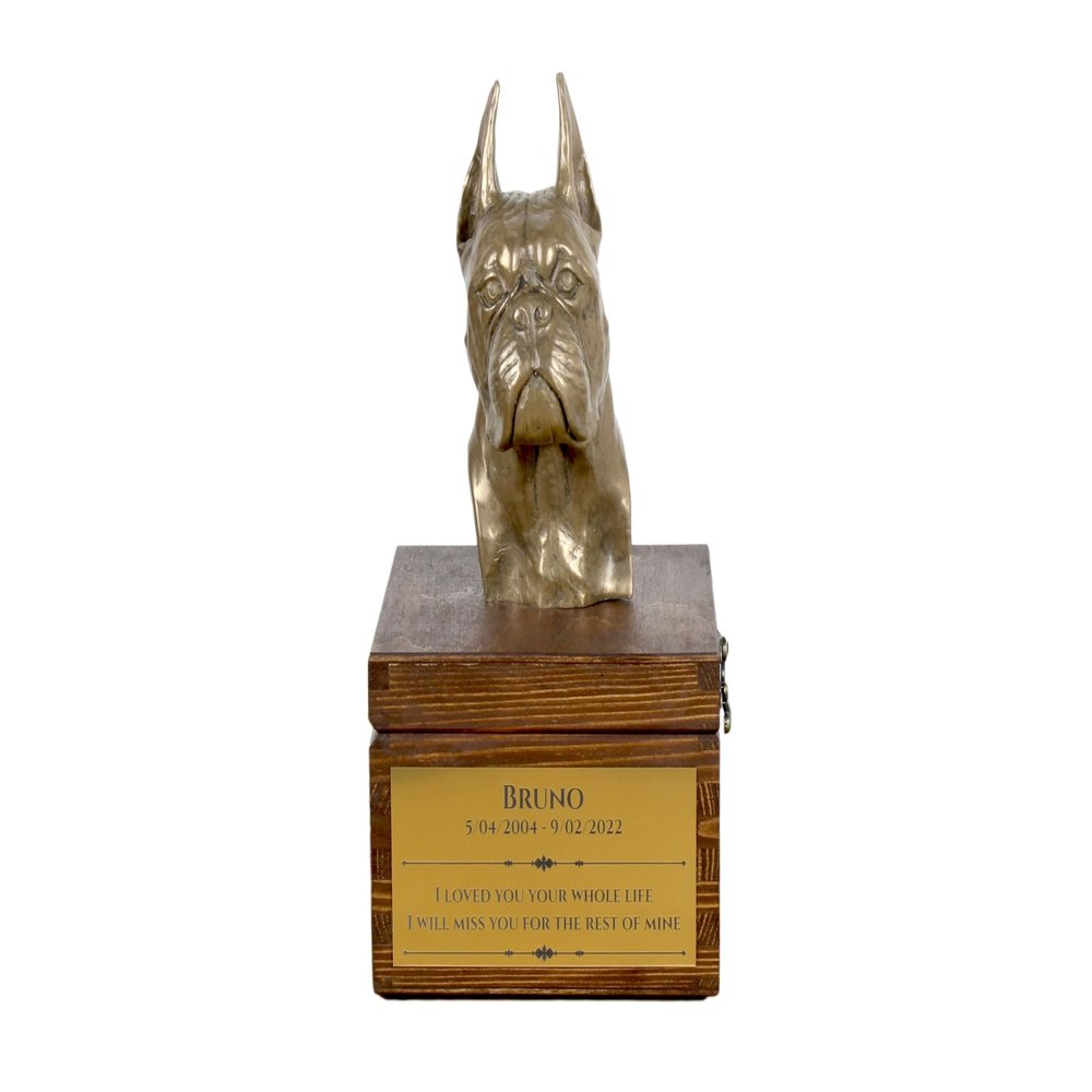 Art-Dog Handmade Personalized Dog Memorial Urn with Cold-Cast Bronze Boxer Head, 16 x 28 x 16 cm
