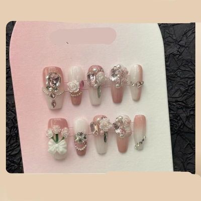 Handcrafted Nail Appliqué, Pink Flower, Long Style, Metallic Illusion, XS