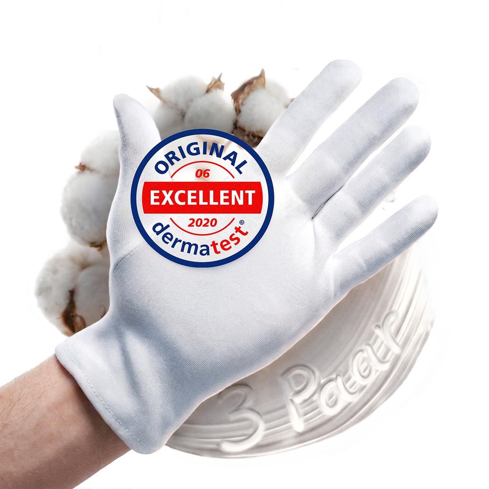 100% Cotton Gloves (Dermatest: Very Good), White, Soft Hand Mask Gloves, 3-Pack