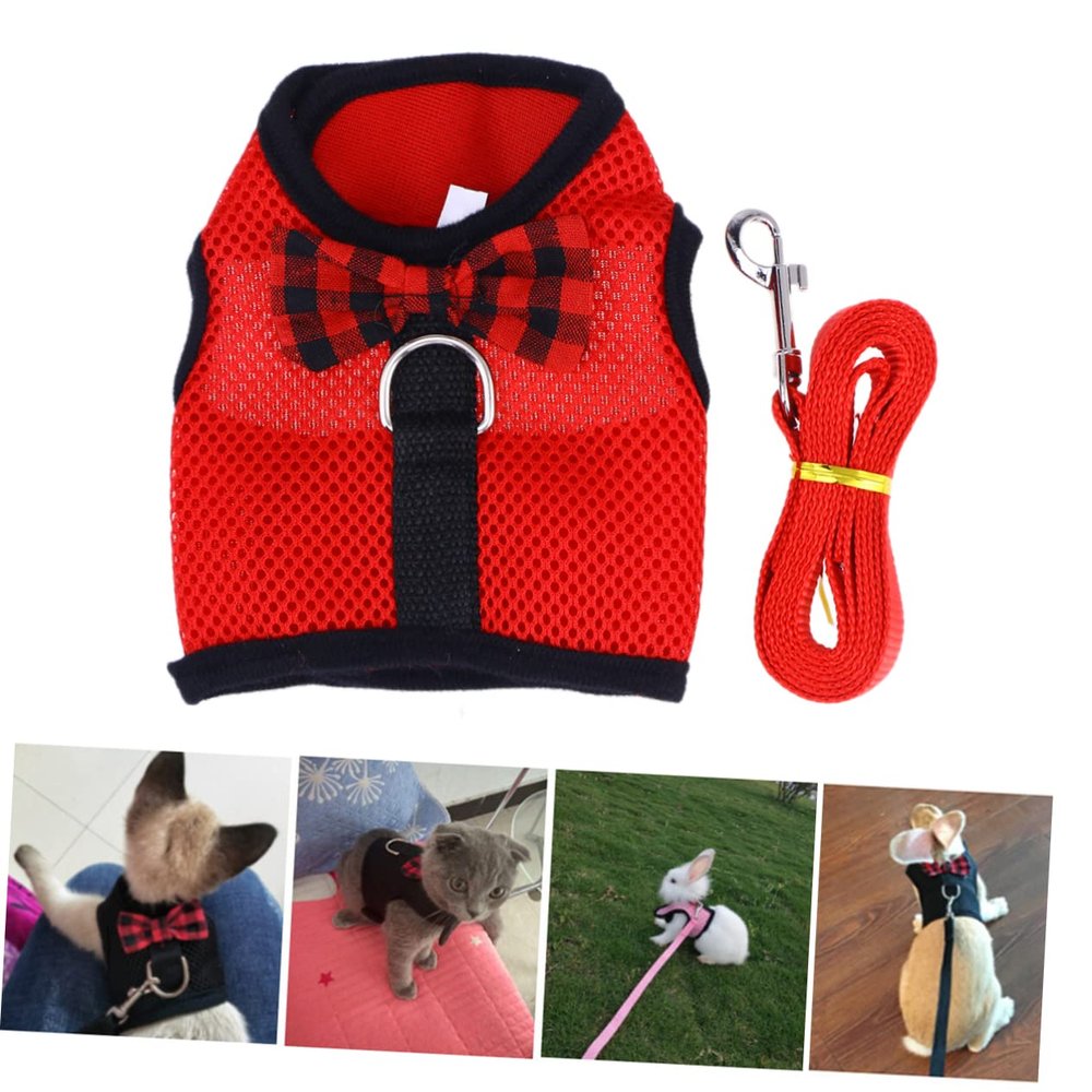 Happyyami Pet Harness with Leash - Breathable Mesh Small Animal Vest with Bow - Size S Red