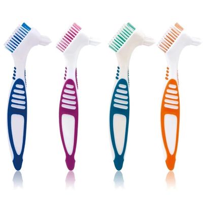 Plastic Denture Brush, Double-Headed, 4-Pack, Cleaning Brush for False Teeth