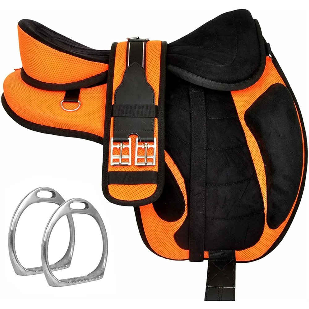 Sazaar Tack Freemax English Horse Saddle Without a Synthetic Tree, with Matching Girth and Aluminum Supports, Pair Set (18-Inch Seat, Orange)