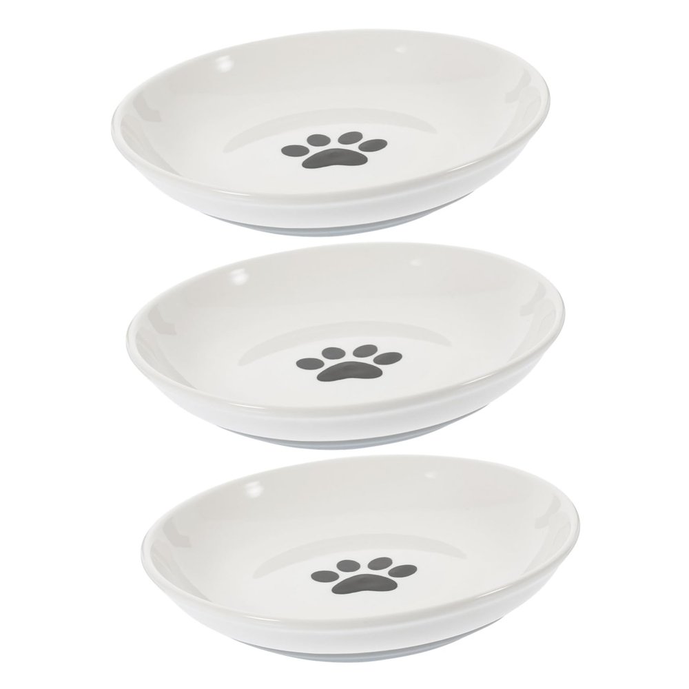 Happyyami 3-Piece Ceramic Cat Bowls, Flat and Wide, with Non-Slip Silicone Base