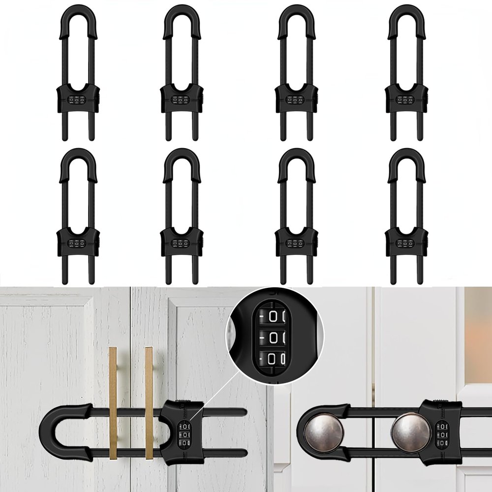 Baby Cabinet Locks with Combination Code, 8-Pack, U-Shaped, No Drilling or Screws