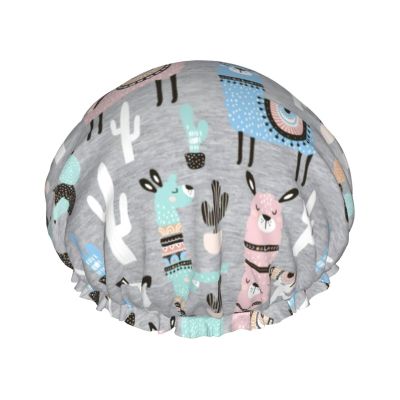 Llama Cactus Women's Luxury Shower Cap, Double-Layer Protection, Elastic, Reusable, Adjustable