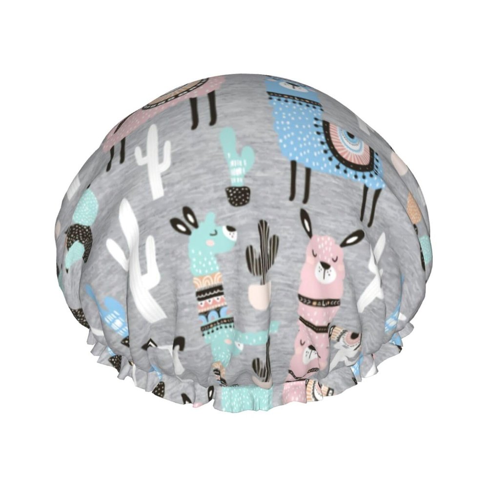 Llama Cactus Women's Luxury Shower Cap, Double-Layer Protection, Elastic, Reusable, Adjustable