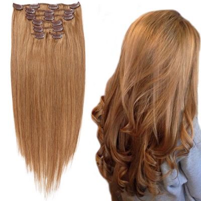 Clip-In Human Hair Extensions for Women, Straight Remy Hair, Full Head, 7 Pieces with 16 Clips, Brown, 16 in (41 cm)