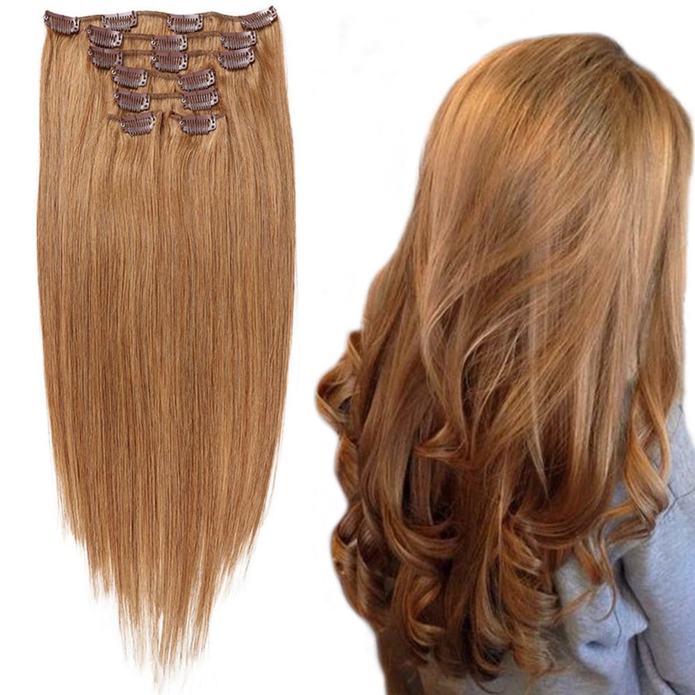 Clip-In Human Hair Extensions for Women, Straight Remy Hair, Full Head, 7 Pieces with 16 Clips, Brown, 16 in (41 cm)