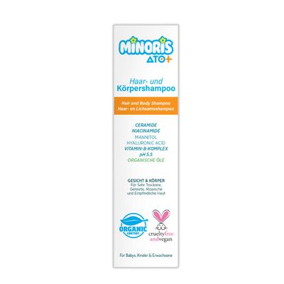 Minoris ATO+ Hair & Body Shampoo for Sensitive, Very Dry, Atopy-Prone Skin, pH 5.5, Vegan, 400 mL