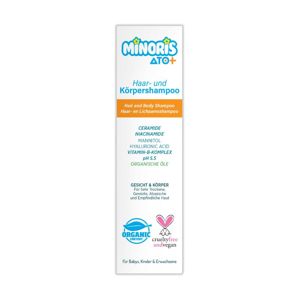 Minoris ATO+ Hair & Body Shampoo for Sensitive, Very Dry, Atopy-Prone Skin, pH 5.5, Vegan, 400 mL