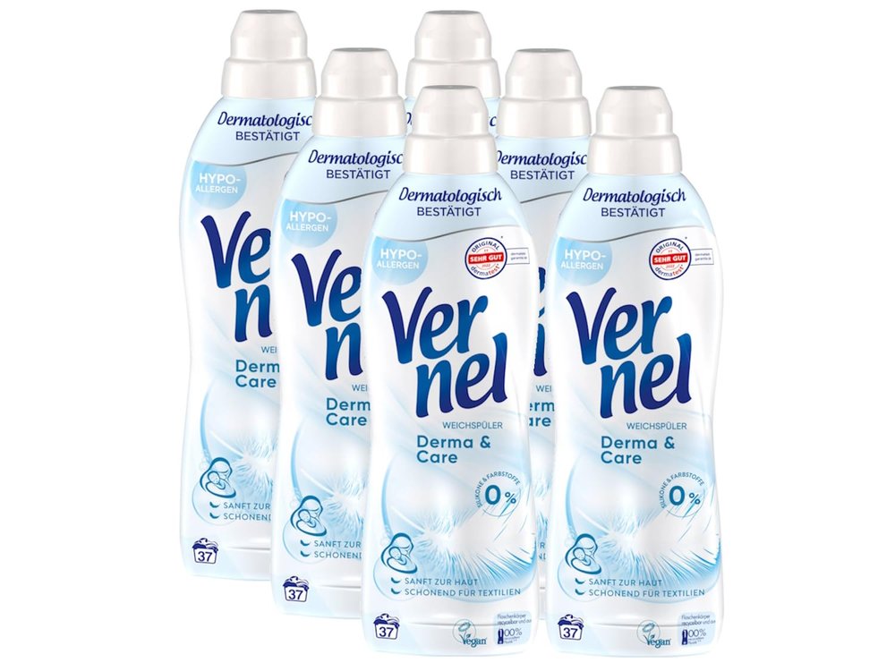 VERNEL Derma & Care Fabric Softener, 6 x 37 Loads (222 Loads), Hypoallergenic, for Sensitive Skin, Recyclable