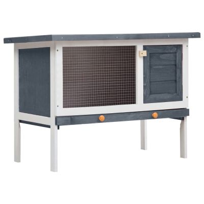 1-Level Rabbit Hutch, LAPOOH Rabbit Cage, Double-House Hutch, Small Animal Shelter, Gray Wood